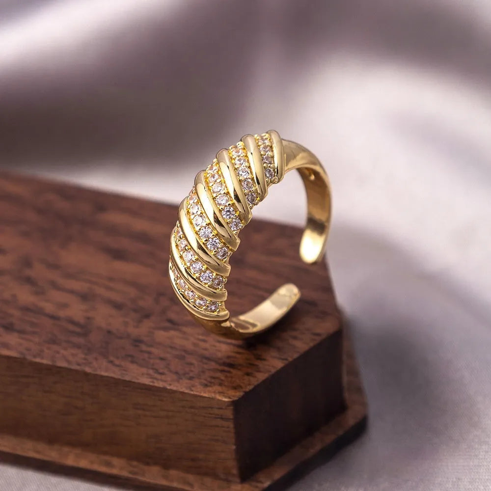 Open mouth adjustable copper ring with zircon ornament in electroplated gold colour