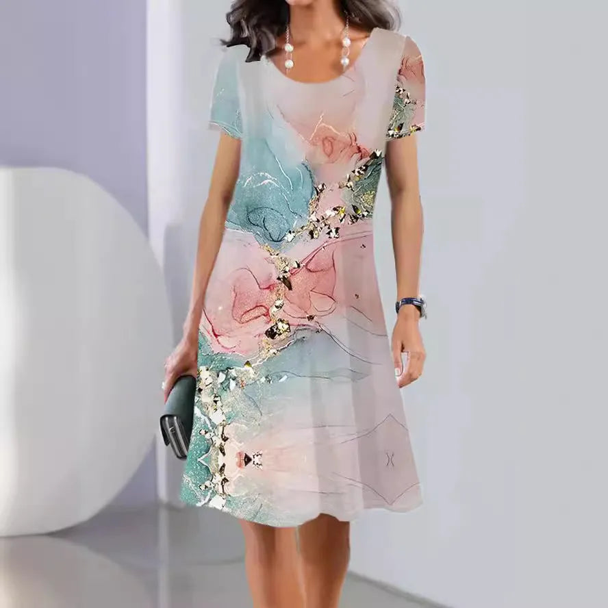 Women's Ice Silk floral print midi dress with short sleeves and an A-line skirt on a hanger.