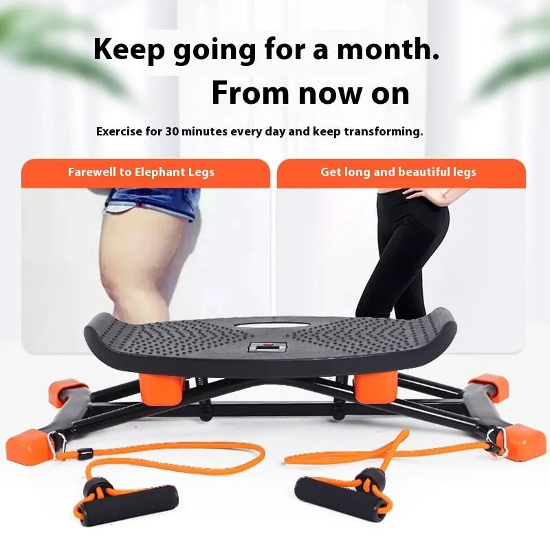Black mini indoor fitness skiing machine with elastic hand straps on a home floor.