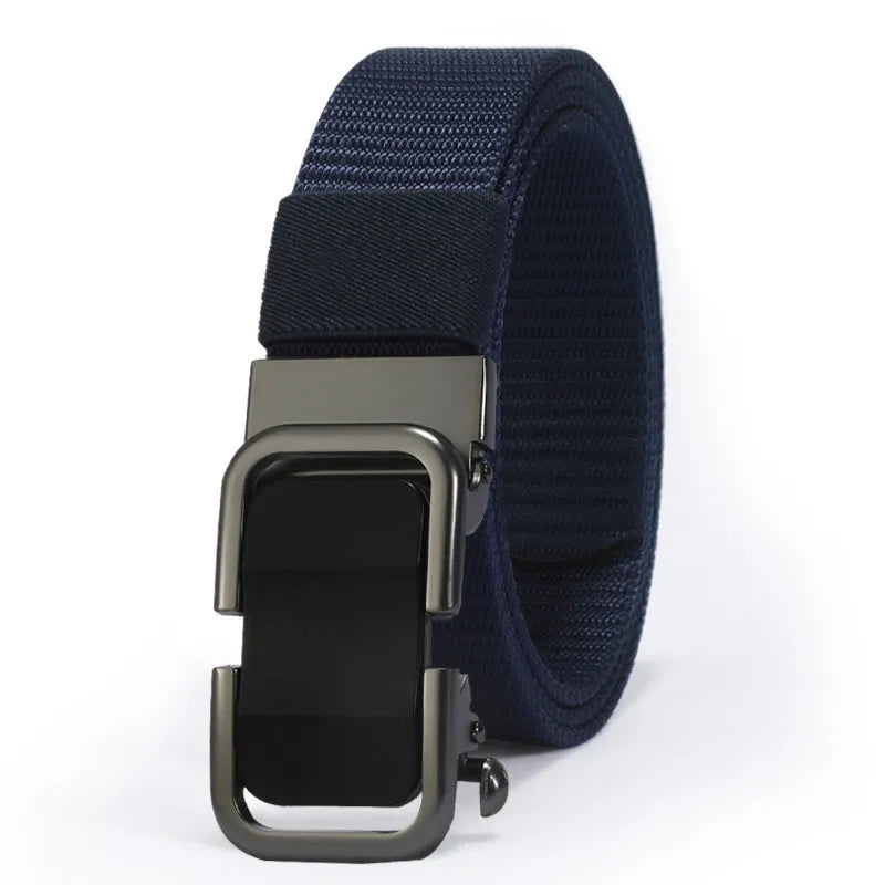 Men's toothless nylon canvas belt with alloy buckle showing adjustment mechanism