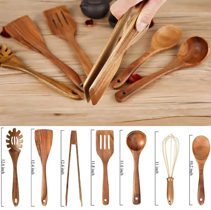 Seven-piece natural beech wood cooking utensil set with spoon and spatula designs
