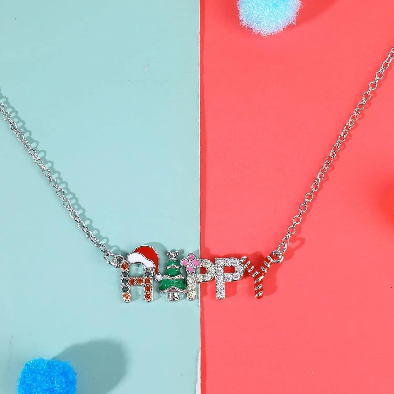 Santa Christmas Tree letter strings necklace with HAPPY text on alloy pendant regular chain