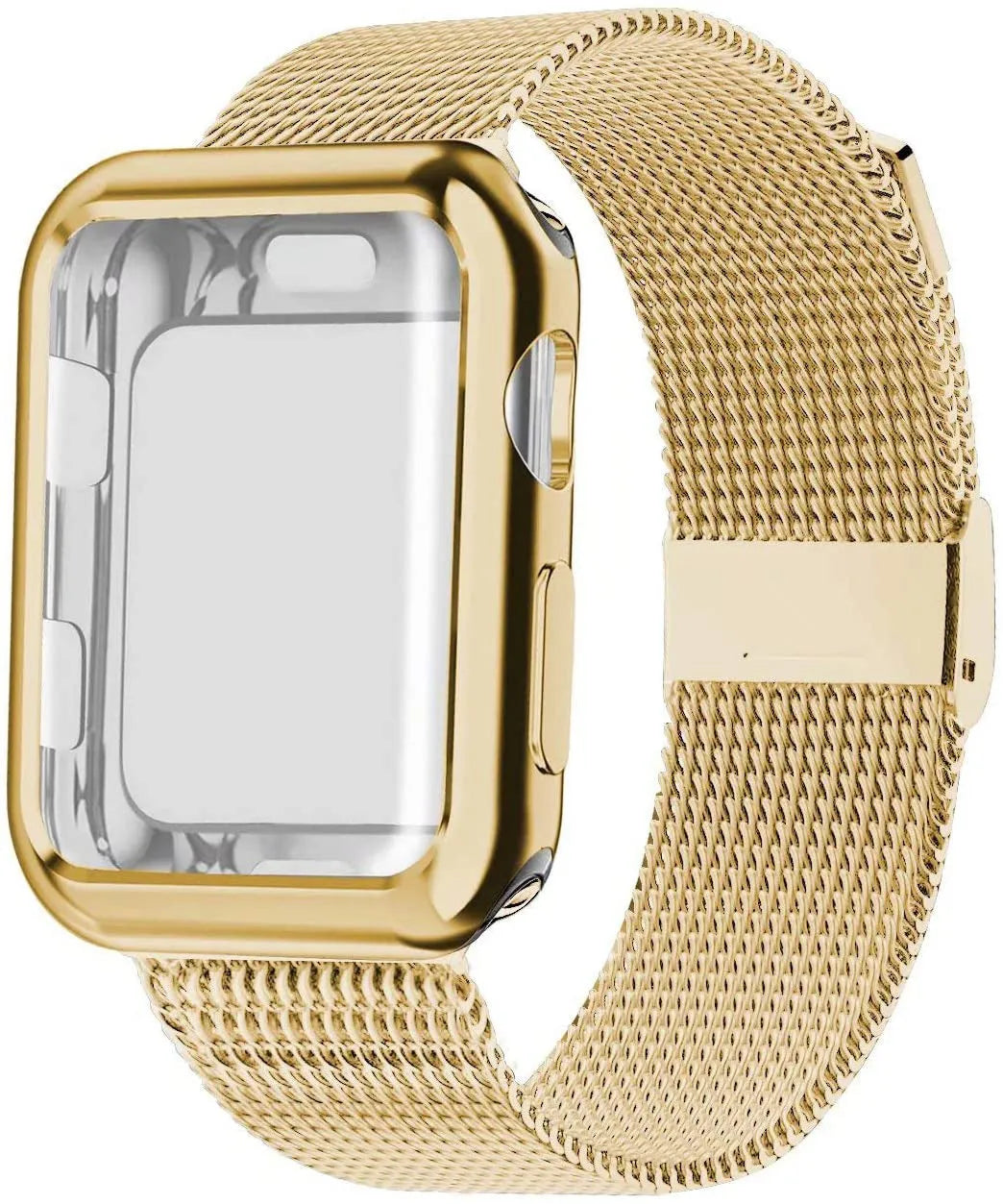 Silver magnetic Milanese loop metal band attached to an Apple Watch on a wrist, showing the adjustable magnetic clasp.