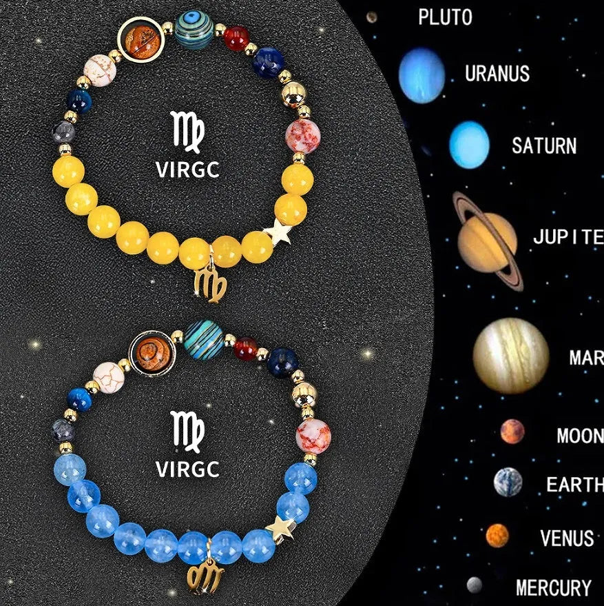 Twelve zodiac sign natural stone beaded bracelets showing different astrology designs