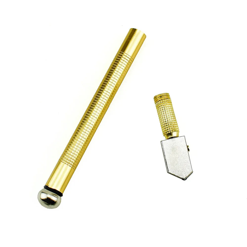 Close-up of a manual glass cutter tool with a metal handle and tungsten carbide wheel blade.