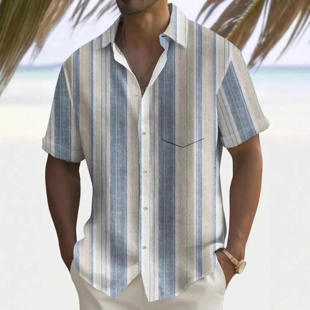 Multicolour printed loose-fit men's leisure shirt on a hanger