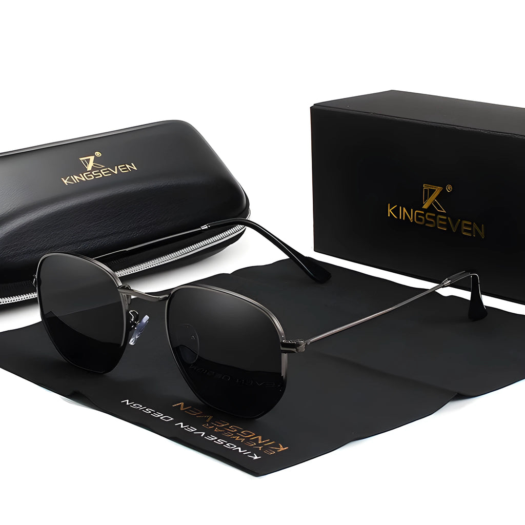Classic round metal frame sunglasses with 55mm lenses in Gun Gray colour on a microfiber pouch