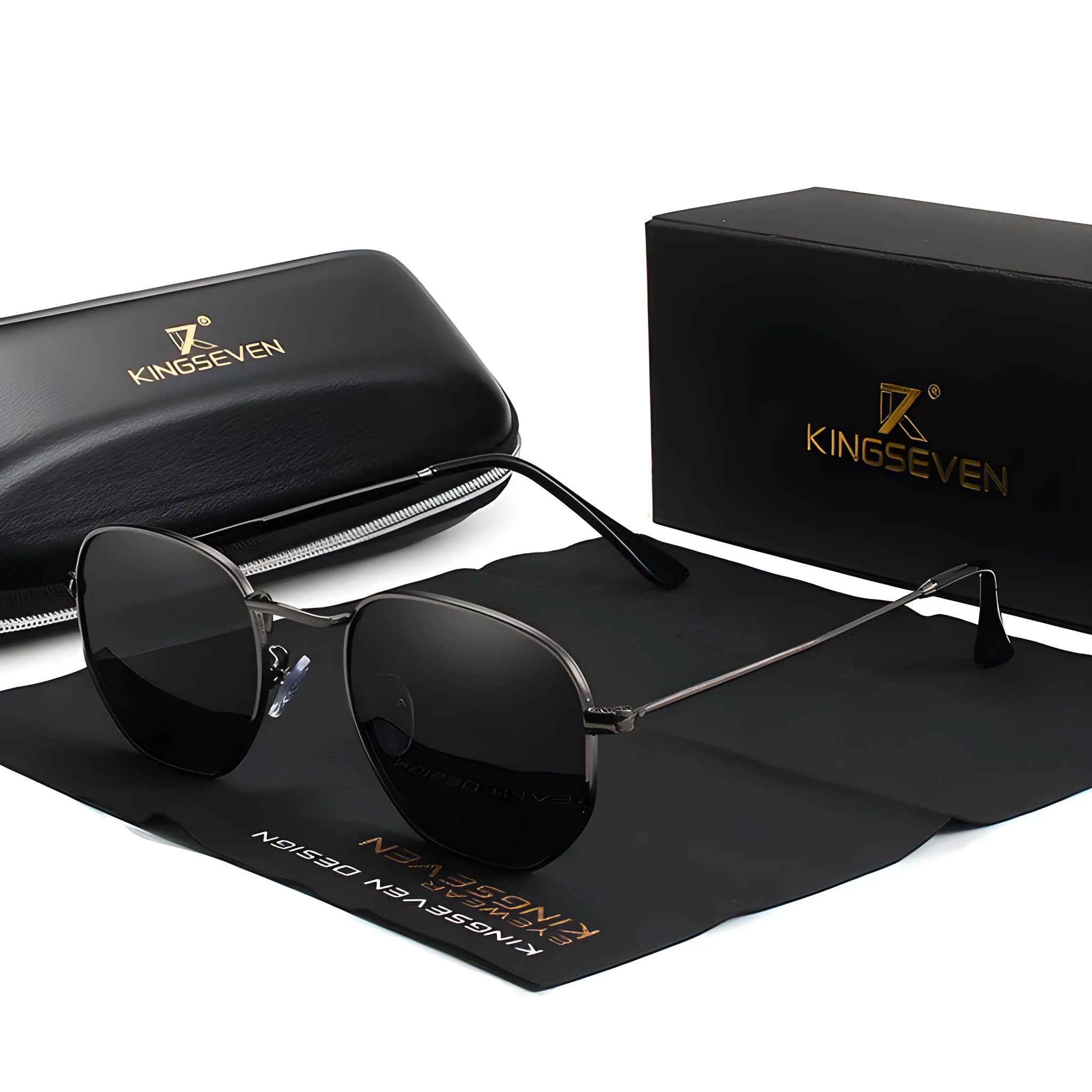 Classic round metal frame sunglasses with 55mm lenses in Gun Gray colour on a microfiber pouch