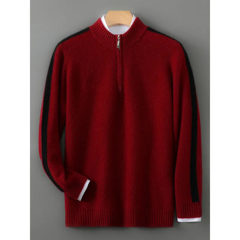 Men's slim fit half zip wool sweater in grey, showing round neck and regular sleeves.