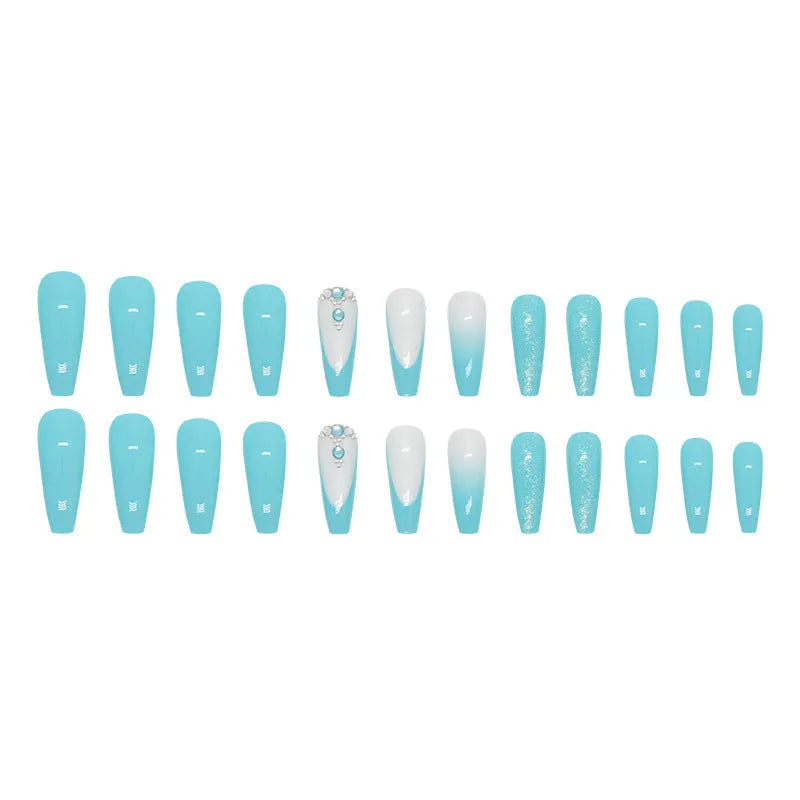 Smart blue diamond pattern on long ballet-shaped nail art patches with adhesive