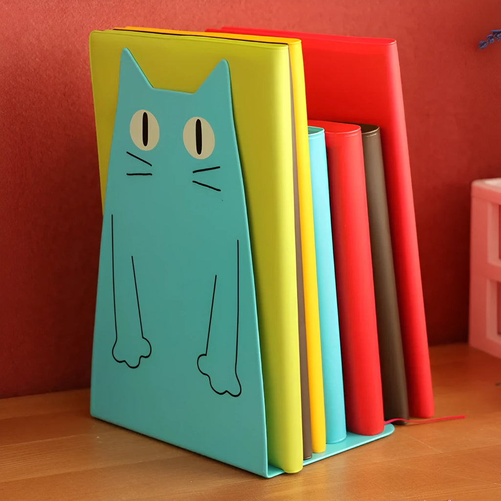 Pair of blue iron bookends 14 x 20.5 x 10.5cm holding books upright on a shelf