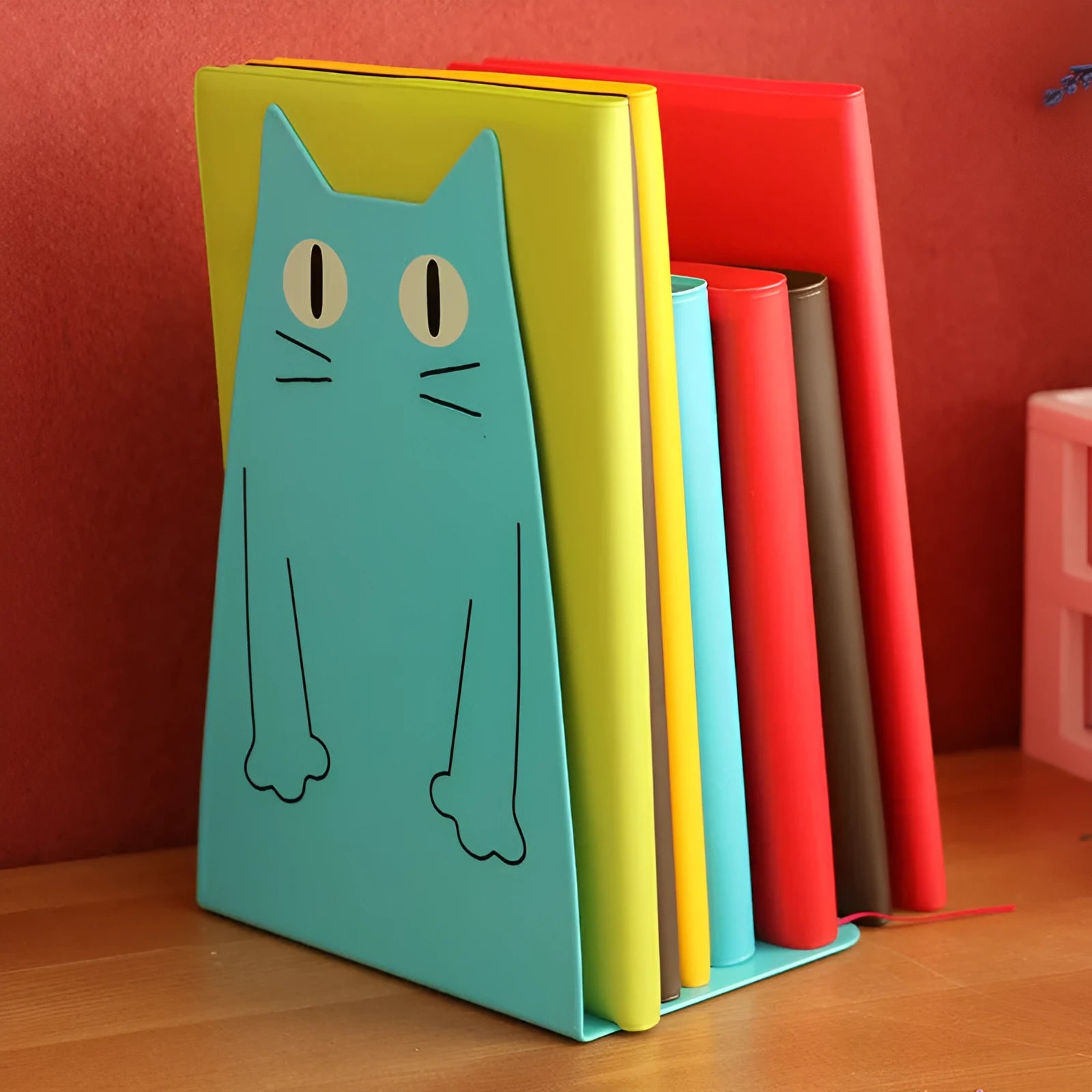 Pair of blue iron bookends 14 x 20.5 x 10.5cm holding books upright on a shelf