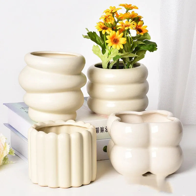 Roman column ceramic flower pot in matte yellow colour with breathable self-absorbent design