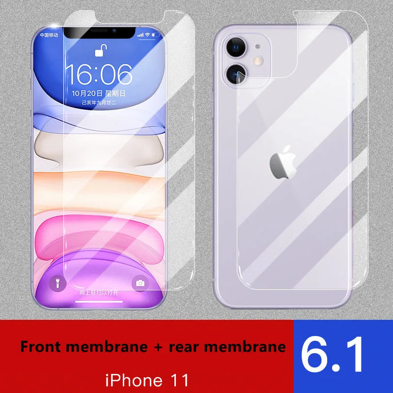 Tempered glass screen and rear protector film for Apple iPhone models on a table.