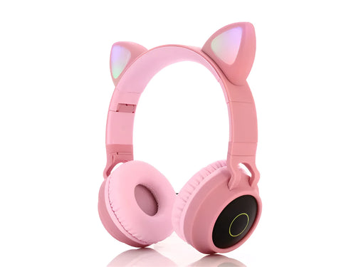 Pink cartoon cat ears wireless Bluetooth gaming headset shown from the side.