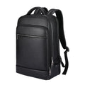 Black genuine leather men's business computer backpack with curved shoulder strap