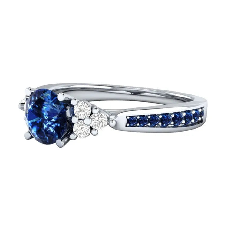 New inlaid sapphire zircon ring in 925 silver princess engagement ring on display