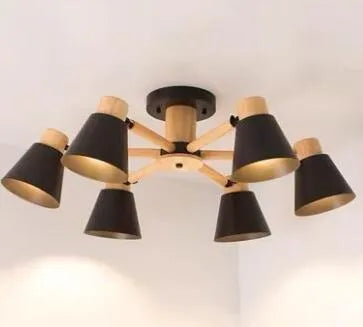 Nordic Macaron style ceiling pendant light with ironwood frame, shown in a two-tone colour option with multiple light heads.