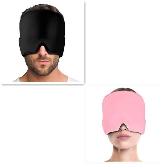 Black elastic cloth gel ice headache relief eye mask showing adjustable headband and cooling gel construction