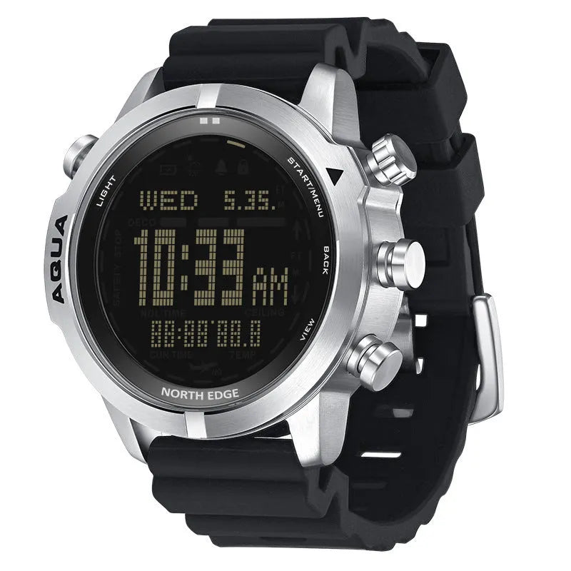 Black and white dial smart watch for outdoor sports with altitude and air pressure measurement functions.