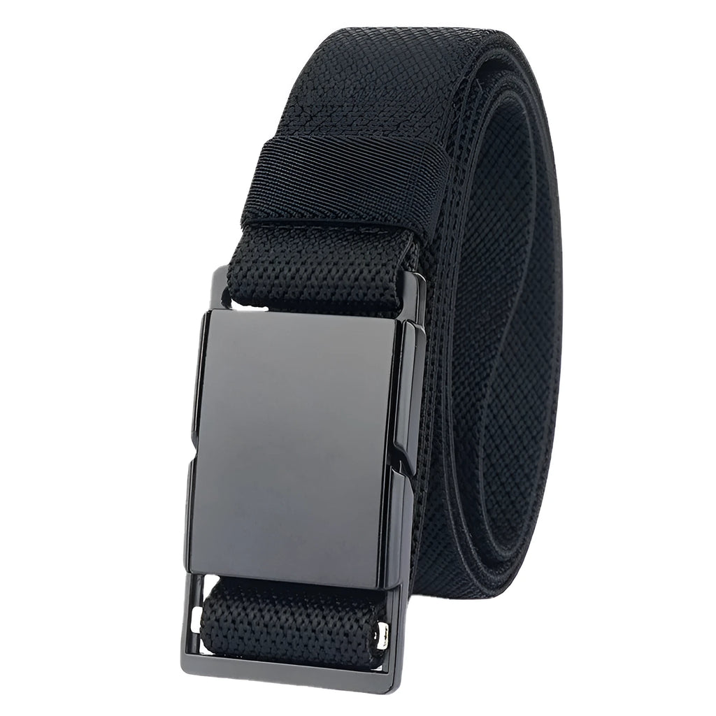 Men's casual belt with a magnetic alloy buckle on a polyester strap, shown in multiple colour options.