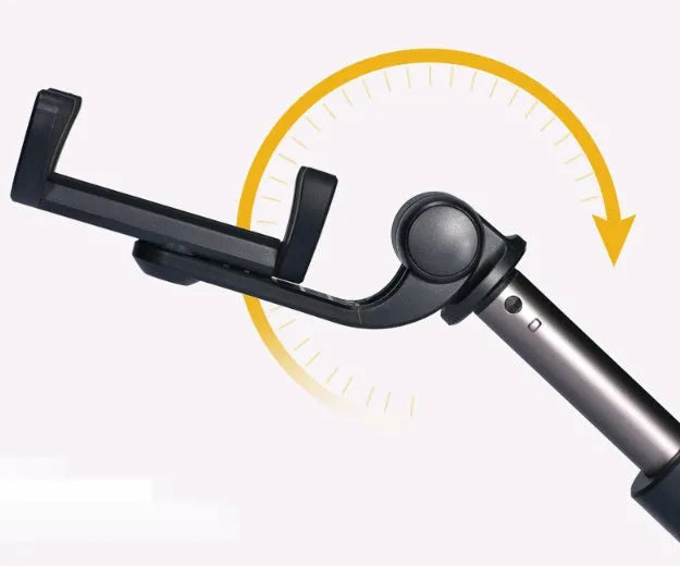 Black Bluetooth selfie stick with extended tripod legs holding a smartphone