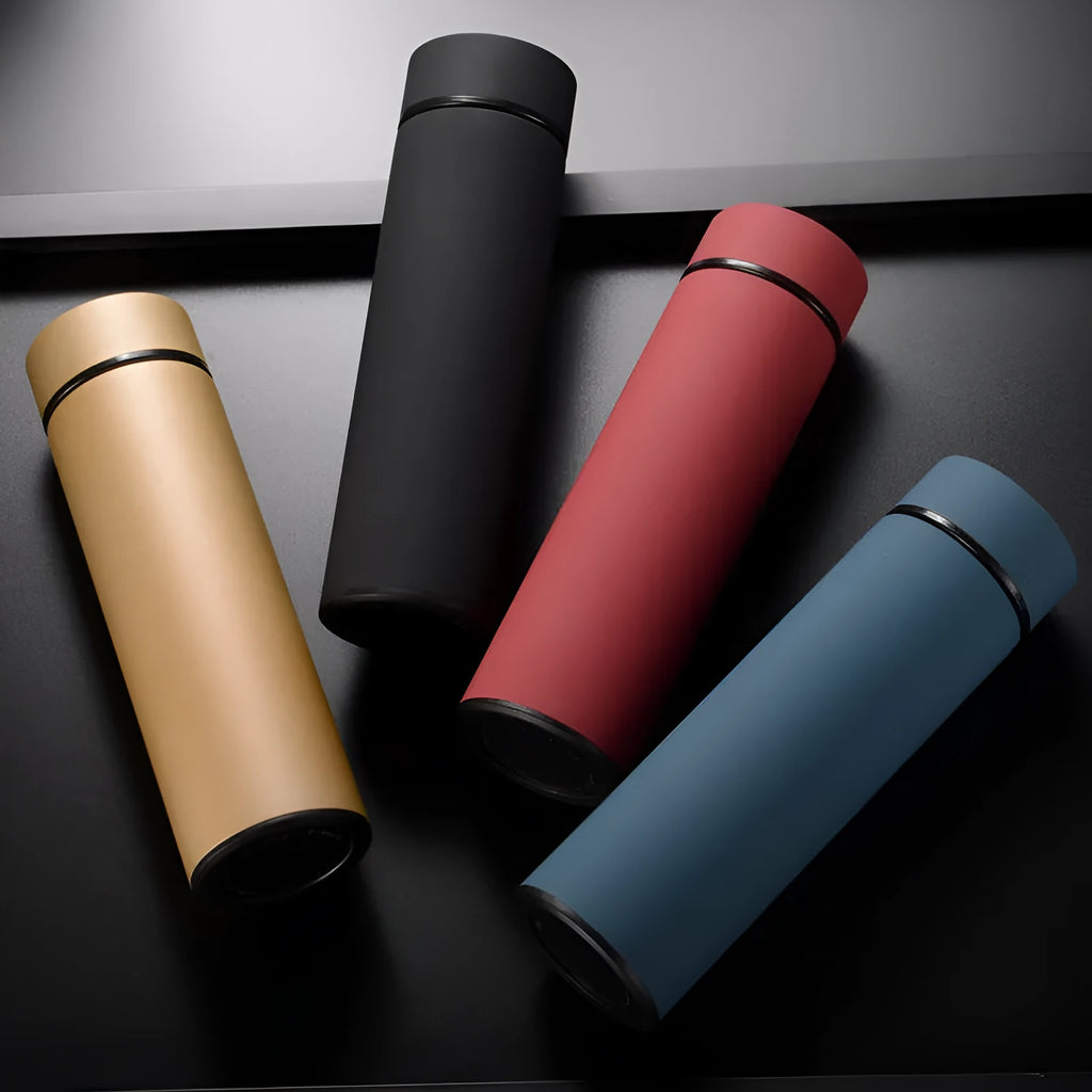 450ml stainless steel water bottle with double wall vacuum insulation in black, red, gold, and blue colour options