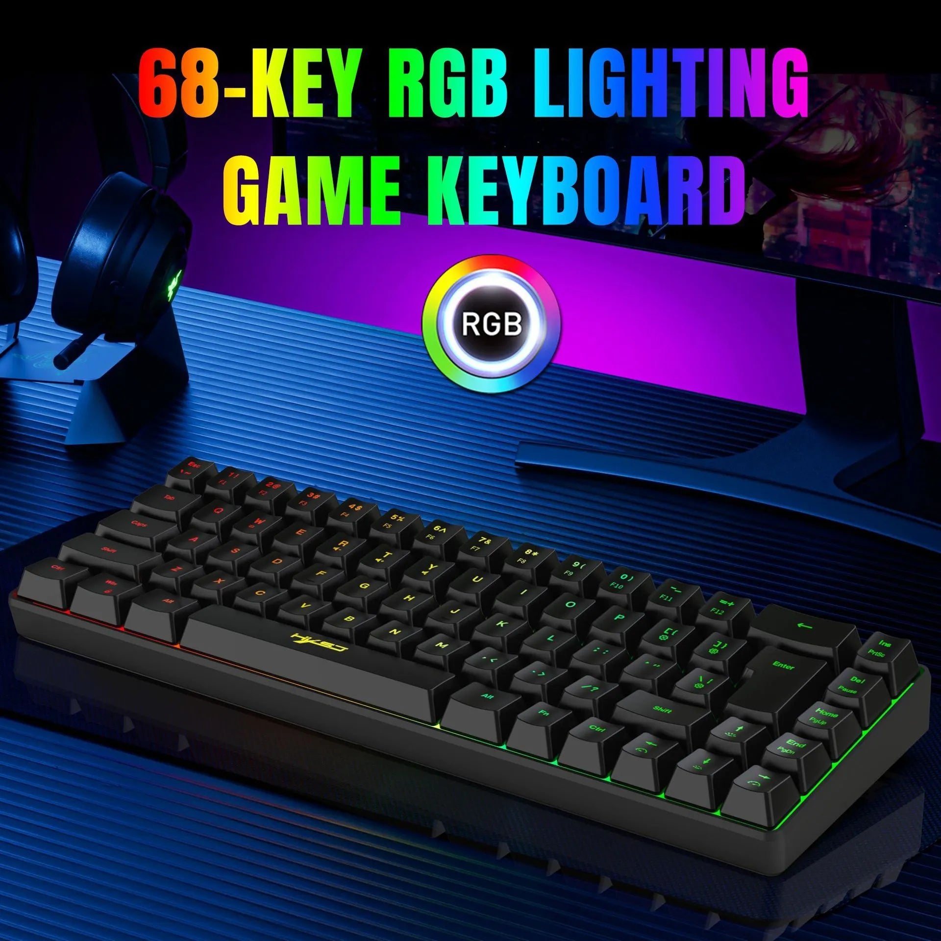Mechanical feeling membrane gaming keyboard with 68 keys, compact ABS design, 1.7m cable, black colour