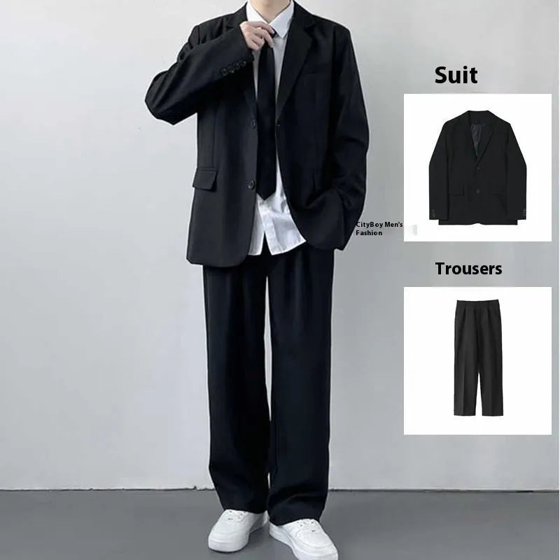 Men's plus size college style suit set with jacket, trousers, white shirt, and tie in polyester fabric