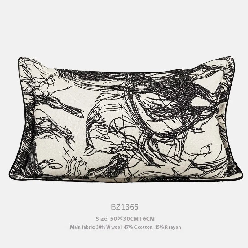 Abstract horse motif jacquard cushion in square and waist sizes with black, gold, and purple colour options