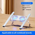 Silver aluminium laptop stand with twin cooling fans in folded position beside cloth storage bag