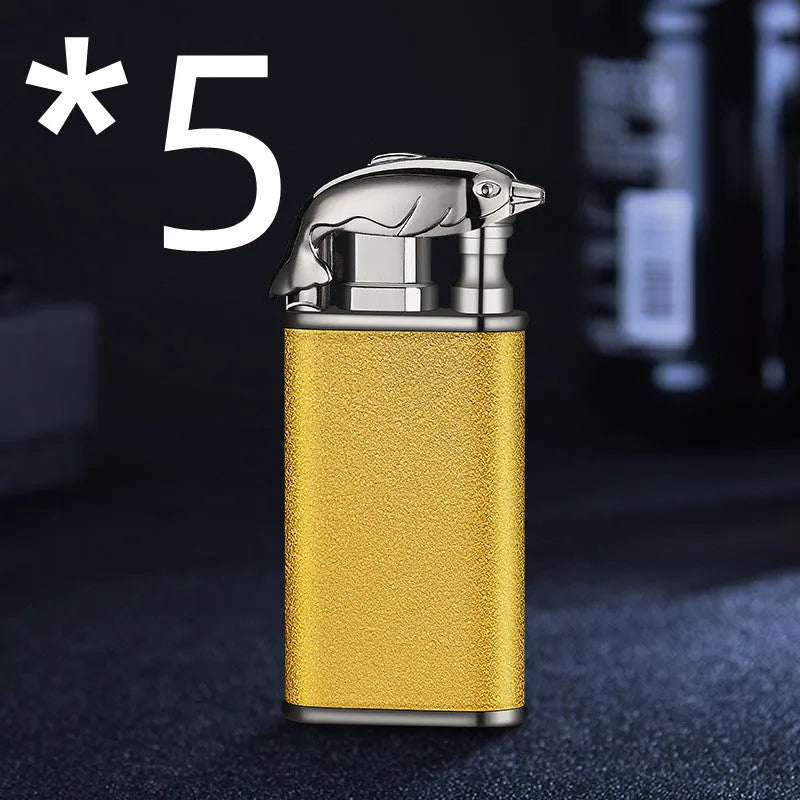 Creative blue flame lighter with windproof double fire and novelty dragon design, metal body