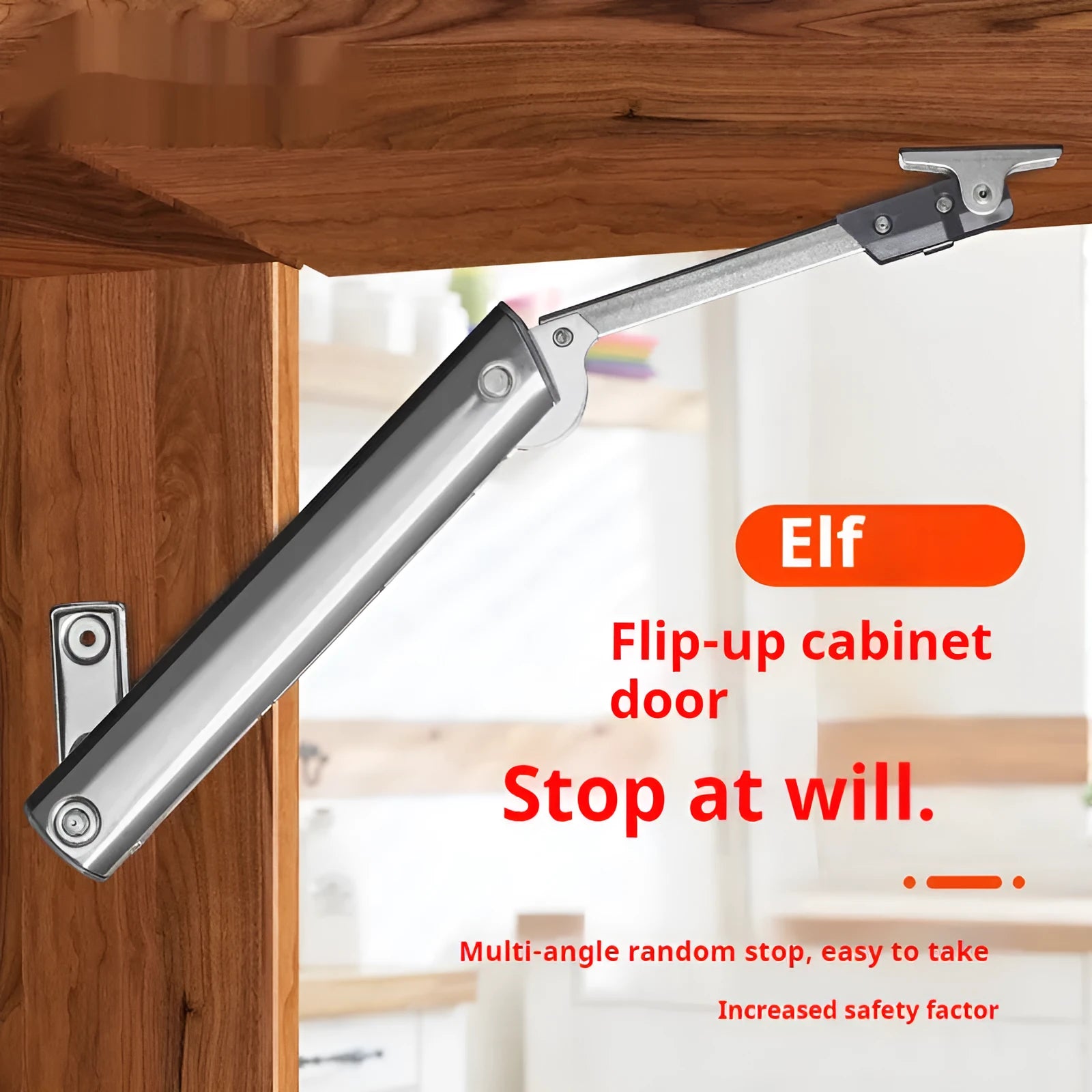 Cold rolled steel cabinet door support rod with spring mechanism for flap-up doors.