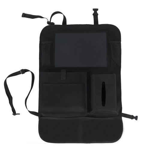 Black car seat back storage pouch with 9 storage bags and transparent iPad touch screen pocket hanging on a car seat back