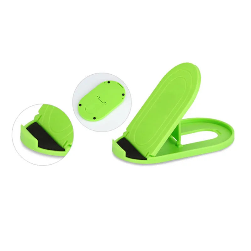 A plastic mobile phone stand with a lazy bracket mechanism shown in one of six colour options.