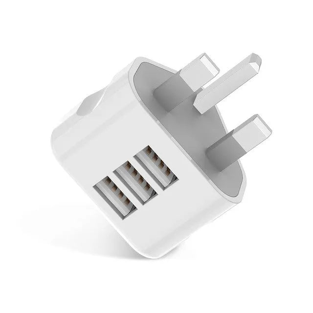 White UK plug USB travel charger with three USB ports, 4.5 cm cube, ABS plastic, for Apple iPhone