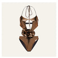 Gold halter one-piece swimsuit with hollow out design on mannequin