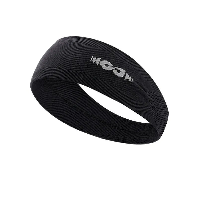 Seamless knitted exercise hair band in black, grey, or blue, made from nylon and spandex blend.