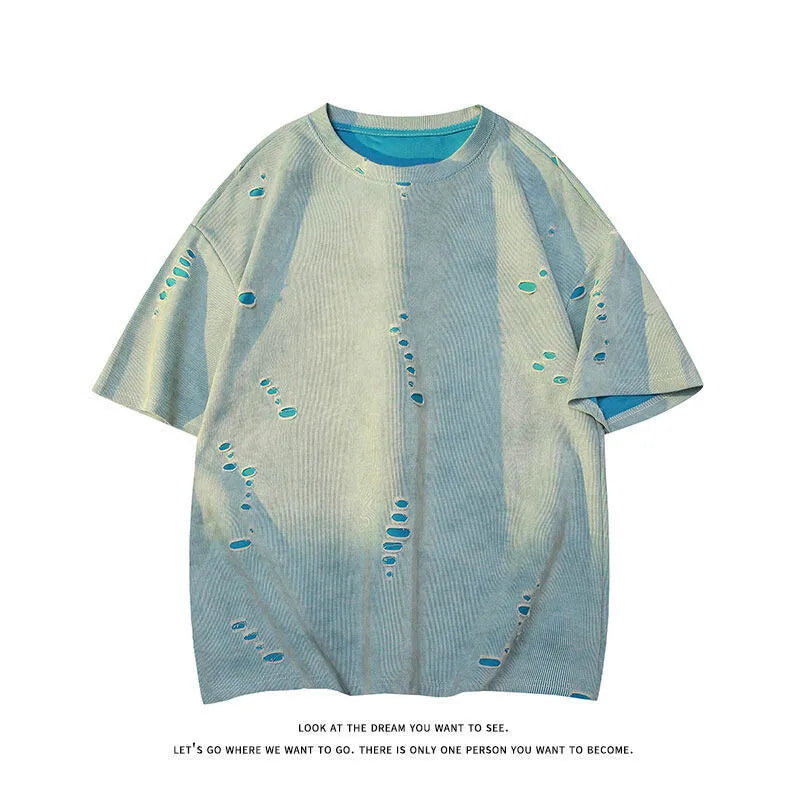 Men's loose blue cotton blend short sleeve t-shirt on a hanger