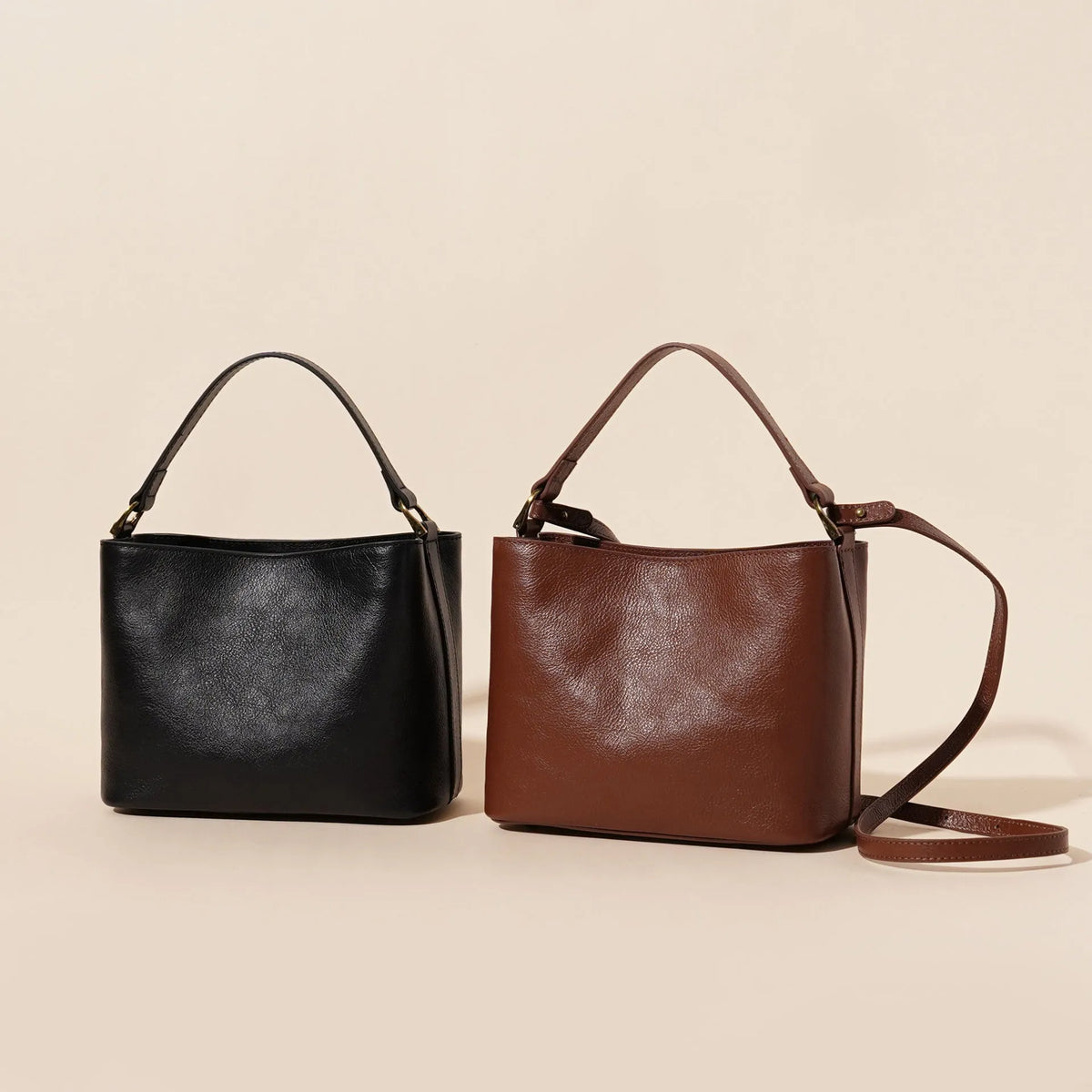 Sugar brown cowhide leather shoulder handbag, square vertical 22.5x12x17cm, single strap, sewing thread detail