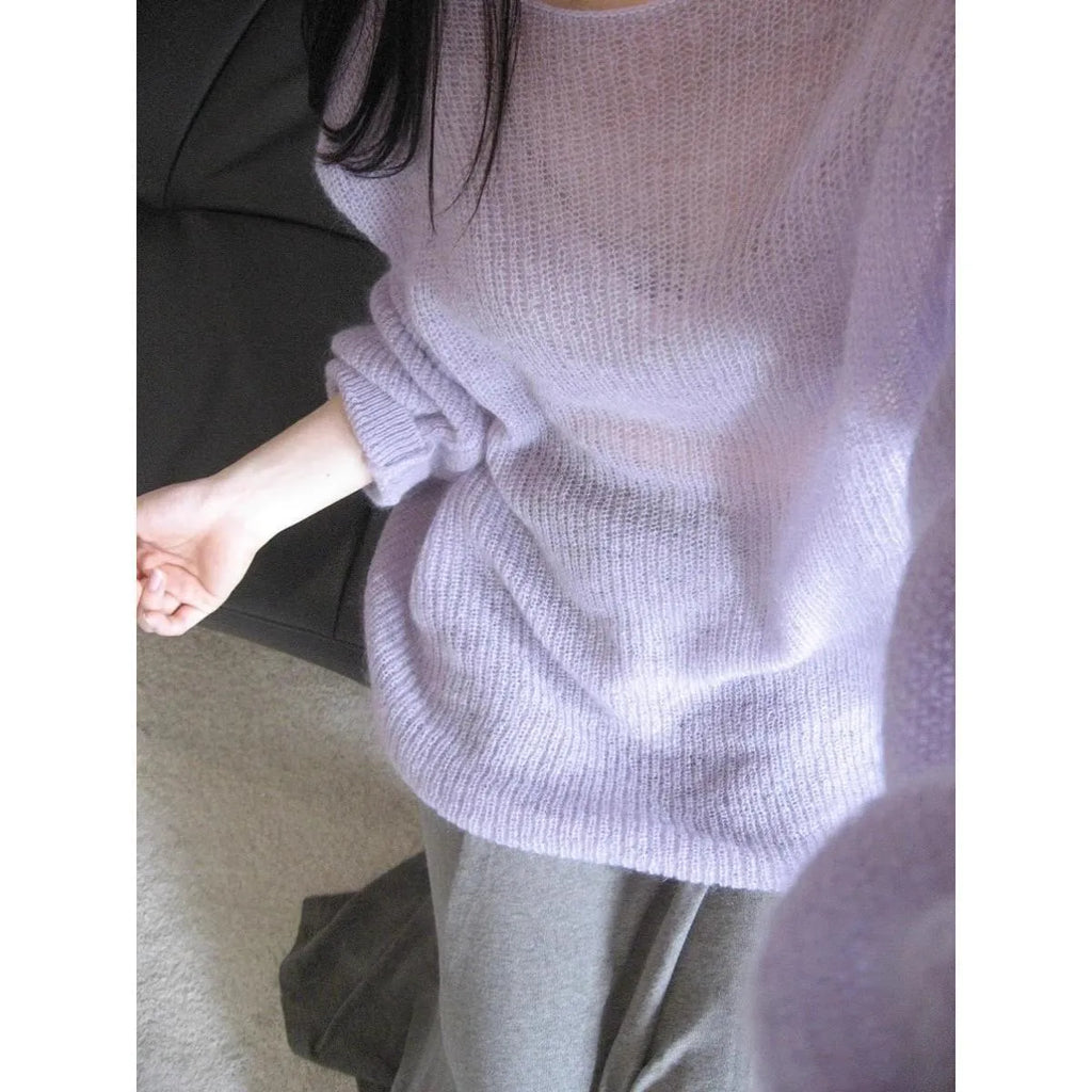 Purple ice silk women's blouse with round neck, princess sleeves, and a hollow-out design