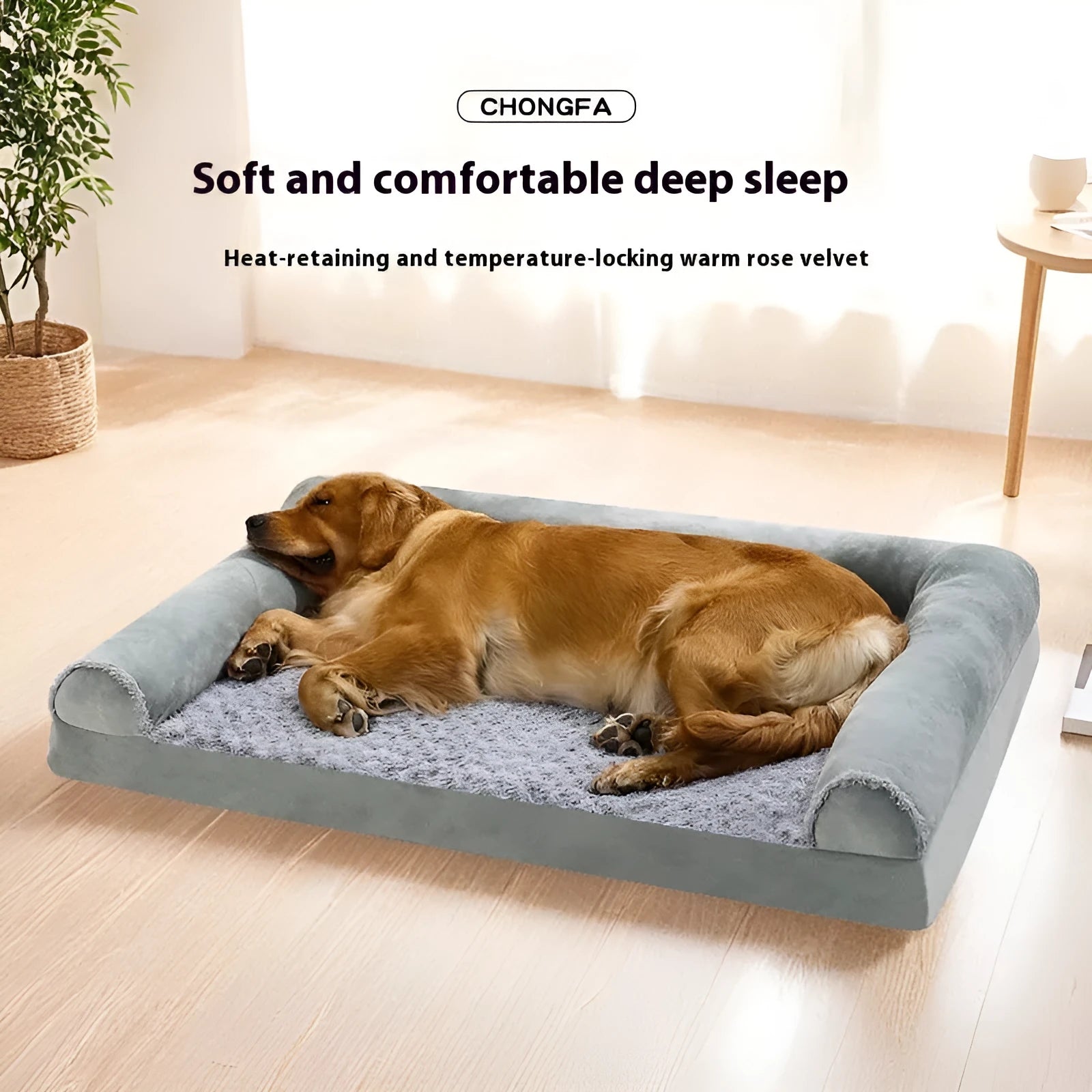 Light grey cloth dog kennel with a plush interior, shown in a home setting with a medium-sized dog.