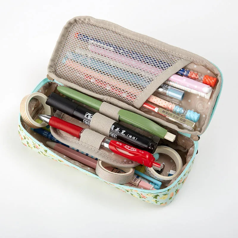 Canvas pencil case storage bag 190x80x40mm in Korean floral or solid colours, for stationery.
