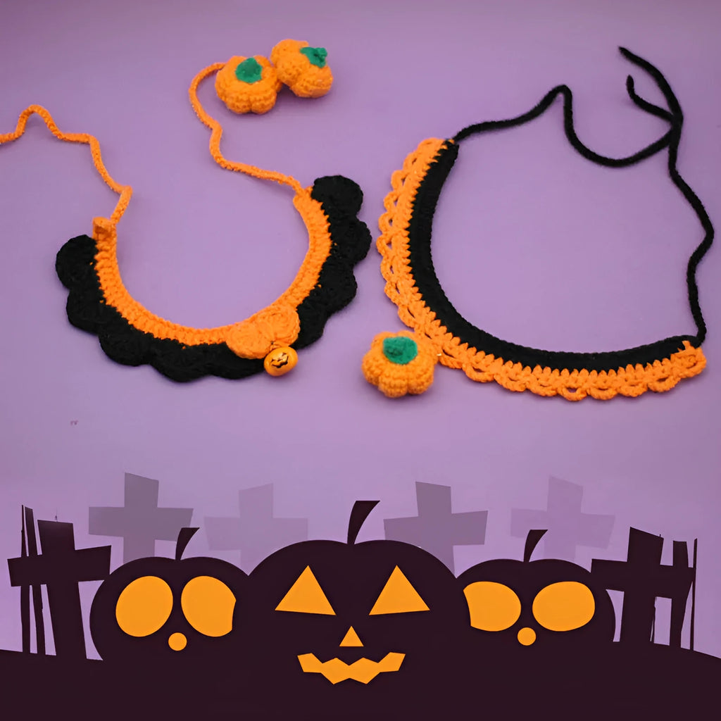 Hand-crocheted wool Halloween pet collar in pumpkin colours with adjustable sizing for cats and dogs