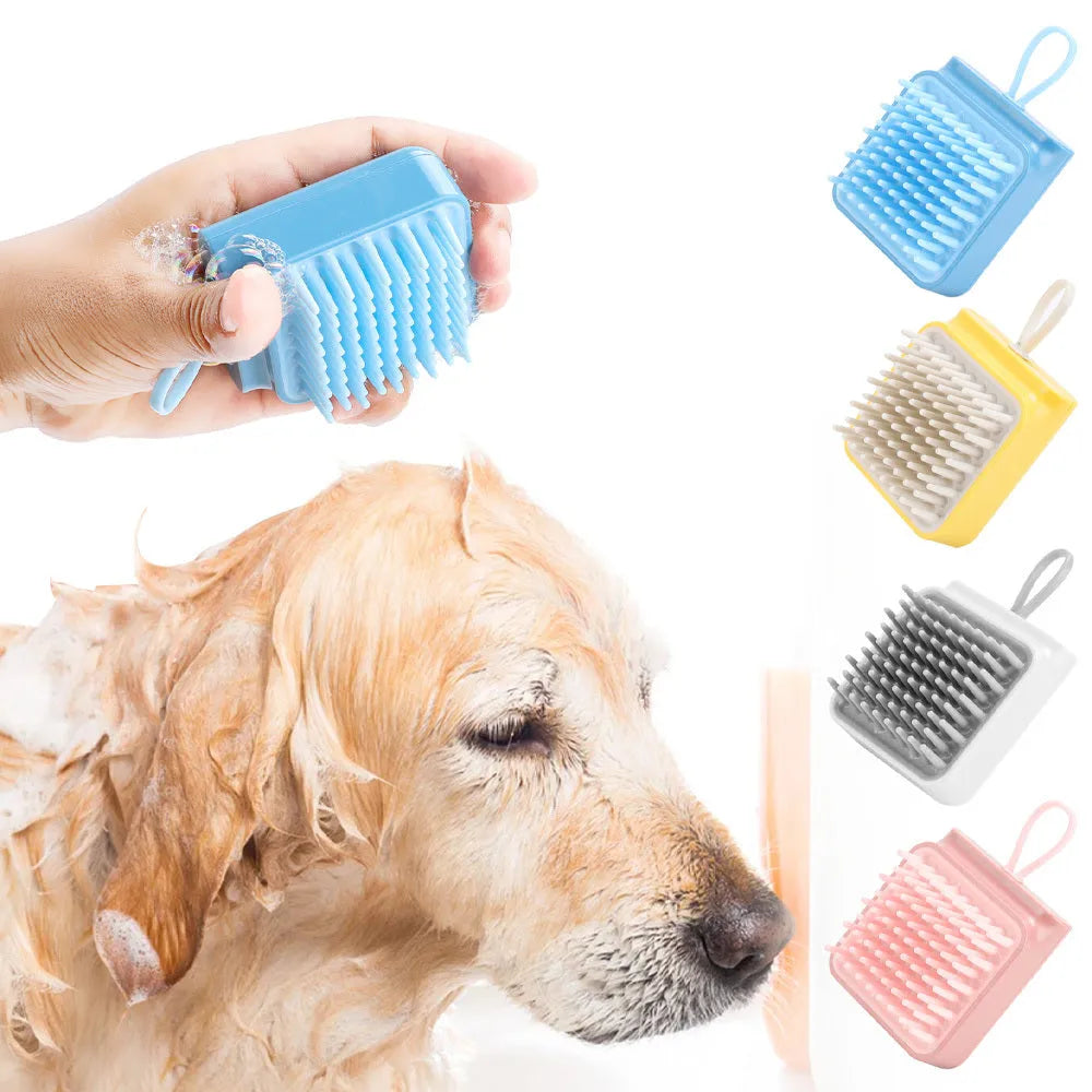 Pet bath brush with soft TPR combs for dog and cat grooming, available in blue, pink, white, and yellow.