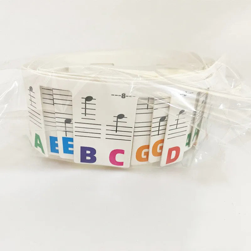 White cardboard piano note stickers for 88-key keyboards with black notes and colour bars in separate bags