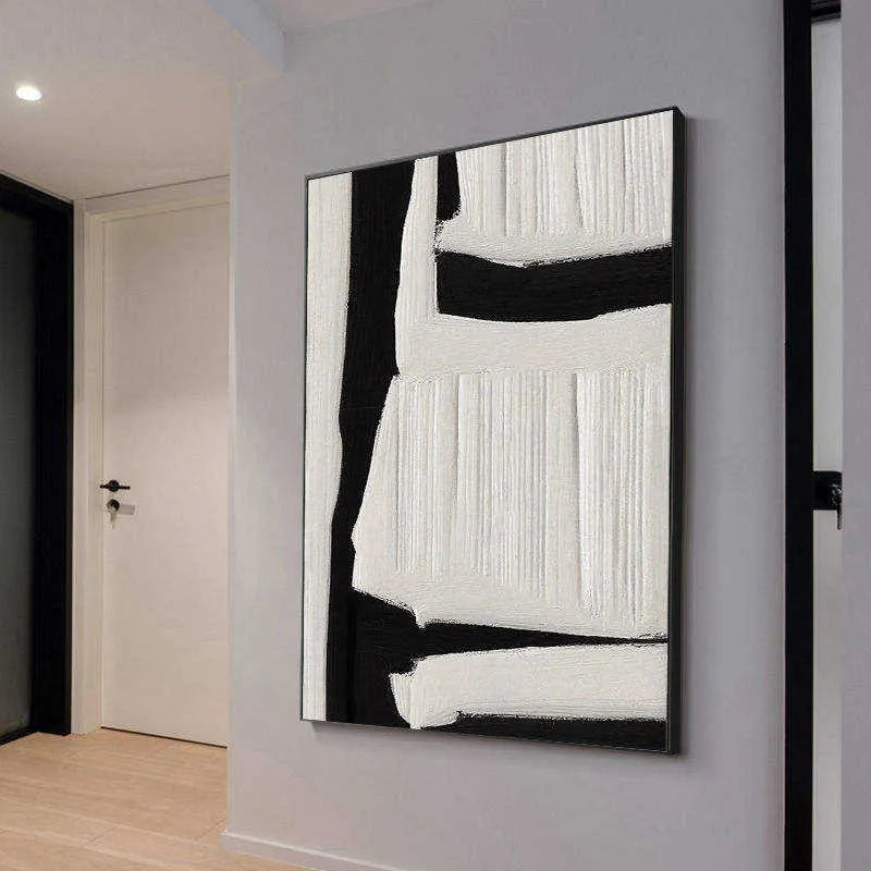 Large black and white abstract handmade painting on textured canvas, modern wall art for home decoration