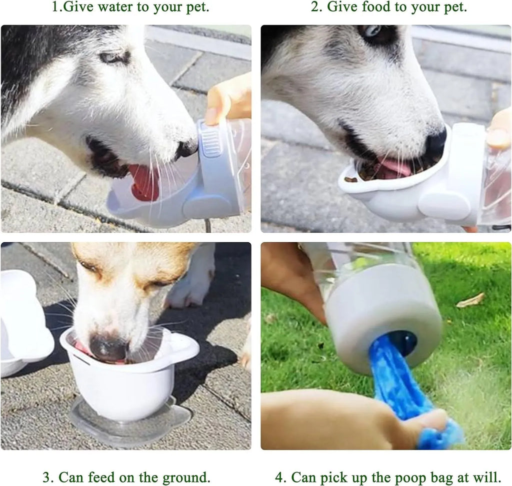 Green, pink, or white 3-in-1 portable pet water bottle with food container and bag dispenser.