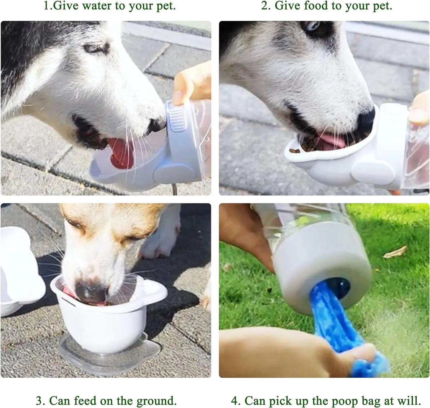 Green, pink, or white 3-in-1 portable pet water bottle with food container and bag dispenser.