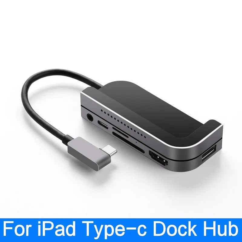 Silver aluminium grey USB-C 6-in-1 docking station for iPad Pro with HDMI and card reader ports
